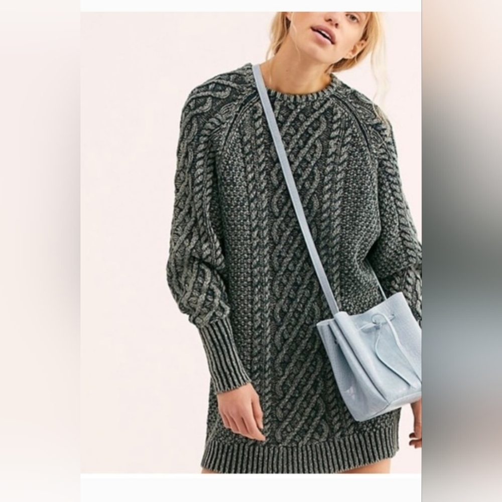 Free People On A Boat Gray Blue Chunky Cable Knit Jumper Sweater Mini Dress XS
